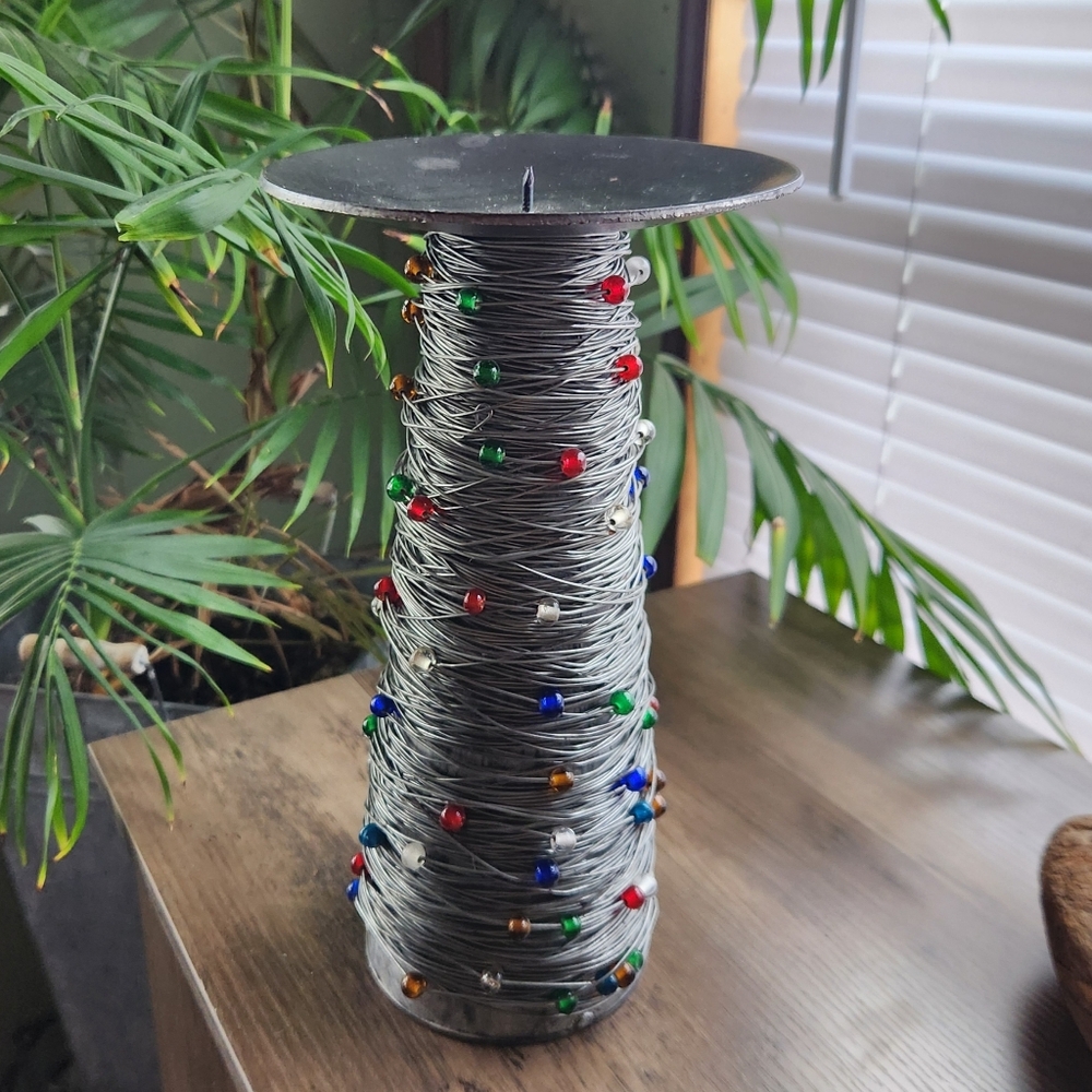 Industrial Metal Beaded Pillar Candle Holder